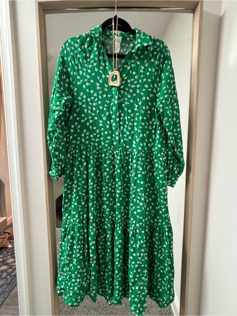 H&M Green Floral Tiered Dress with White Print